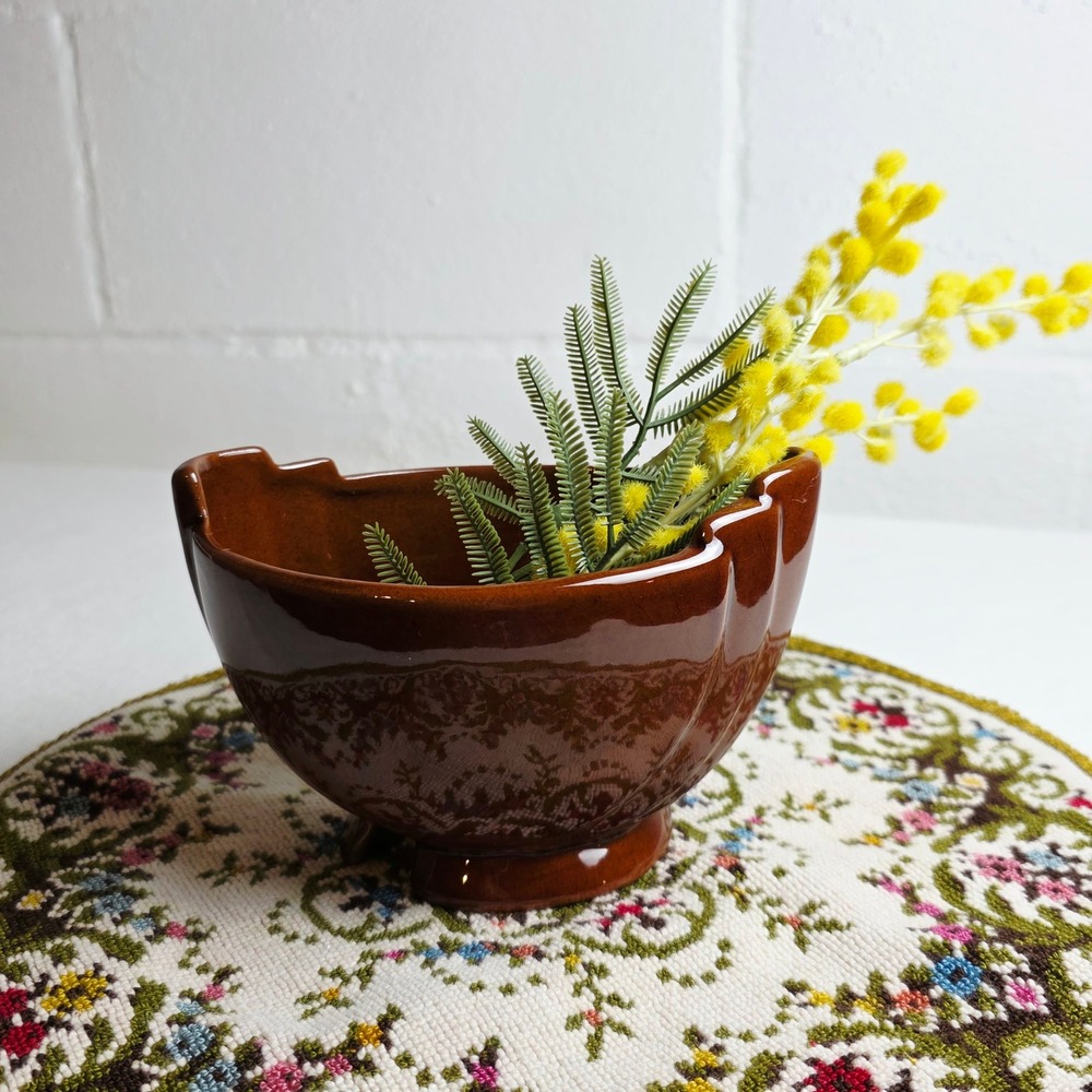 Vintage Frankoma Pottery 35 Brown Glossy Glaze Footed Planter Bowl MCM